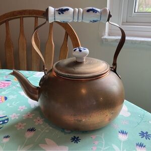 Vintage Copper and Brass Teapot with Blue and White Handle